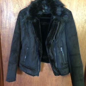 New Look Suedette Faux Fur Collar Aviator Jacket